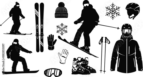 Winter ski and snowboard silhouettes set with skier, snowboarder, ski gear, helmet, goggles, gloves, boots, poles, snowflakes, isolated on white background.