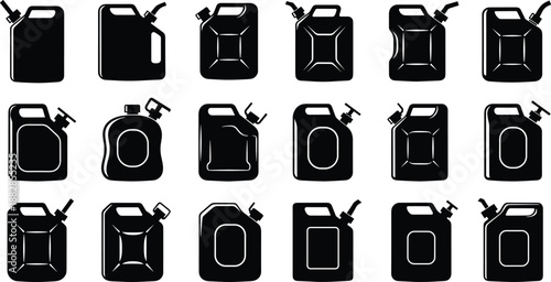 Fuel canister silhouette set with gasoline jerrycan icons in different shapes, black vector collection for oil, petrol, diesel container isolated on white.