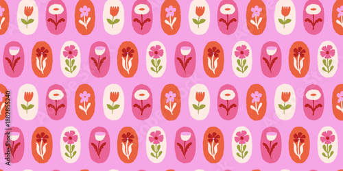 Vector seamless pattern, abstract hand-drawn quirky doodles,  love theme wallpaper, Valentine's day decorative wrapping paper and textile background with hearts and flowers