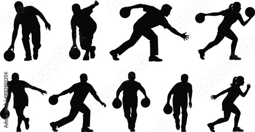 Bowling player silhouette set in throwing and aiming poses, ten pin sport athletes collection, black vector icons, isolated on white background.