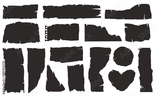Set of black grunge torn paper shapes and distressed ripped scraps with rough edges designs