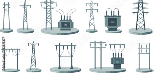 Isometric electrical power infrastructure set showing transmission towers, utility poles, transformers, substations, high voltage equipment, energy distribution system illustration