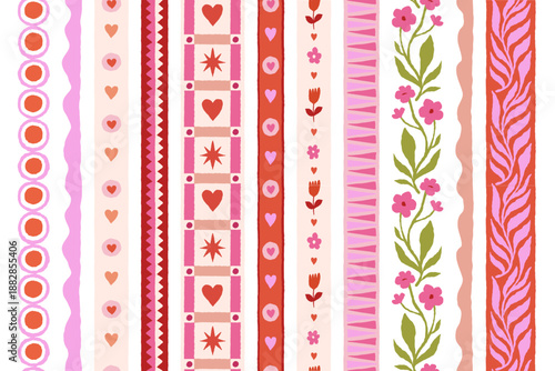 Vector set of seamless patterns, abstract hand-drawn quirky doodles,  love theme wallpaperes, Valentine's day decorative wrapping paper and textile backgrounds with hearts and flowers
