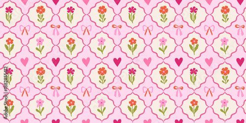Vector seamless pattern, abstract hand-drawn quirky doodles,  love theme wallpaper, Valentine's day decorative wrapping paper and textile background with hearts and flowers