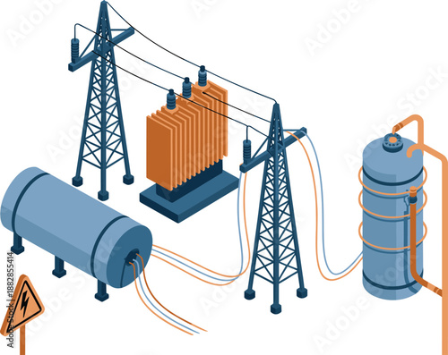 Isometric electrical power substation illustration with transformers, transmission towers, high voltage lines, energy infrastructure, grid technology, industrial engineering concept design