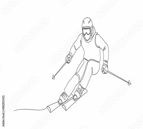 A minimalist line drawing depicts a skier in dynamic action on snowy slopes
