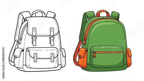 a detailed illustration showcases two backpacks one in black and white sketch and the other in vibrant green