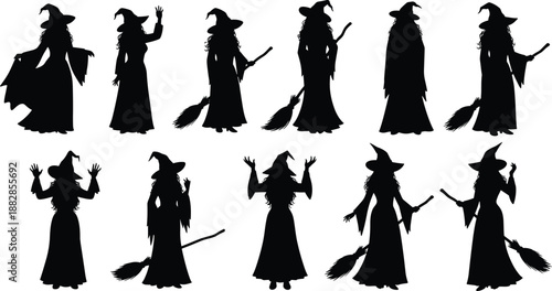 Halloween witch silhouette set with broom in different poses, spooky female sorceress characters collection, black vector clipart, isolated on white background.