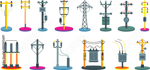 Isometric electricity transmission and distribution pole collection featuring transformers power lines utility infrastructure energy network illustration isolated set