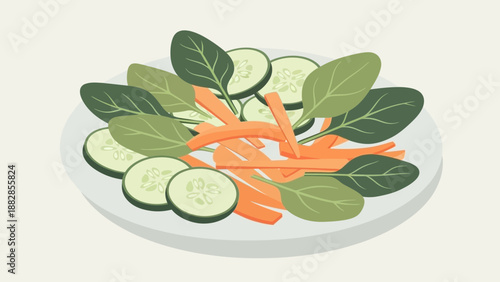 Fresh Healthy Salad Illustration With Carrots, Cucumbers, And Spinach, Isolated Image
