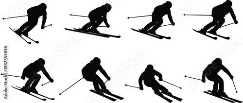 Alpine skier silhouette set in dynamic downhill poses, winter sports action collection, skiing vector icons, isolated black figures on white background.