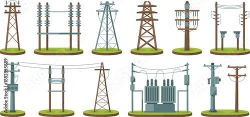Isometric electricity transmission and distribution pole collection featuring transformers power lines utility infrastructure energy network illustration isolated set