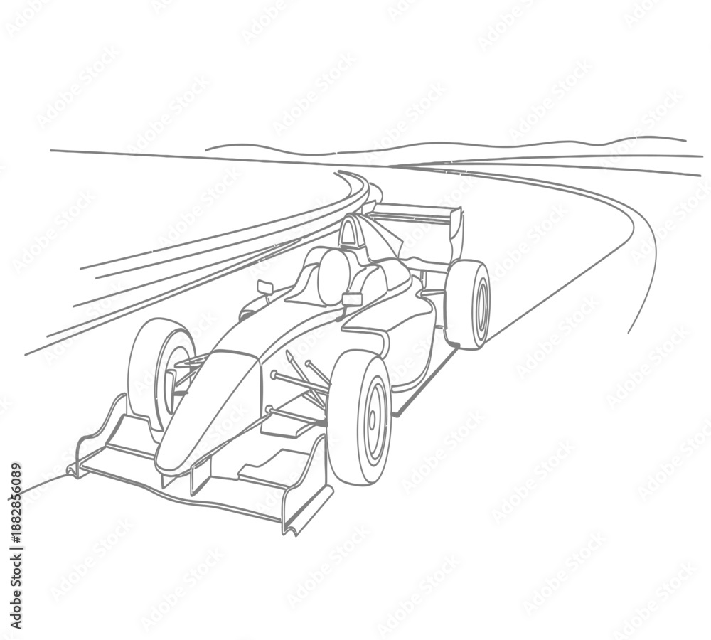 Fototapeta premium A detailed line drawing depicts a formula one race car speeding around a track