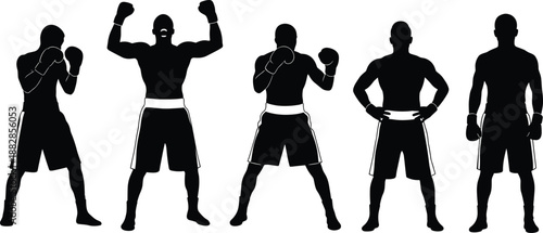 Boxer silhouette set with fighting stances and victory pose, boxing athlete collection, black sport man figures isolated on white for training, competition design.