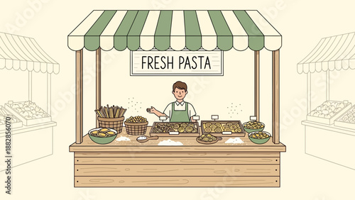 Fresh Pasta Vendor At The Market Stall Selling Various Italian Pasta Dishes