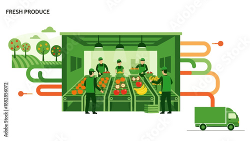 Fresh Produce Distribution: Workers Sorting Fruits and Vegetables For Transporting to Market