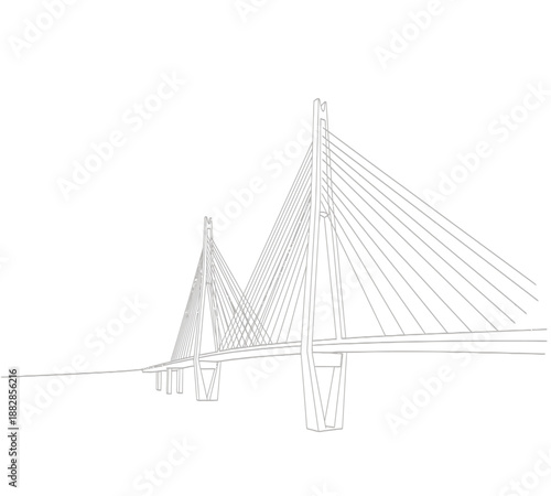 Architectural rendering of a modern cable stayed bridge with a minimalist white aesthetic