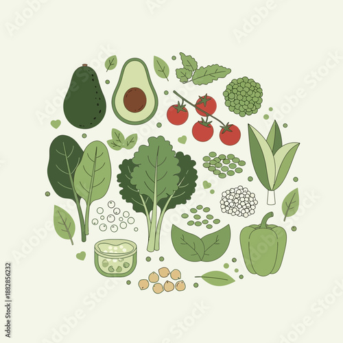 Fresh Produce Arrangement: Vibrant Illustrated Circle of Healthy Vegetables and Fruits