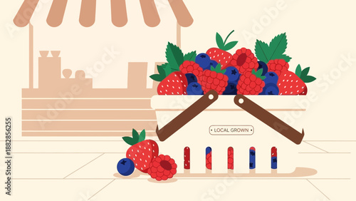 Fresh Produce Basket: A Vibrant Illustration Of Local Grown Berries At The Market