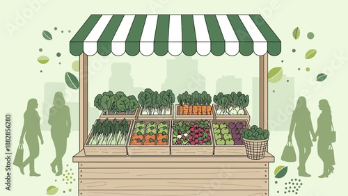 Fresh Produce Market Display with Shoppers Under a Green and White Striped Canopy