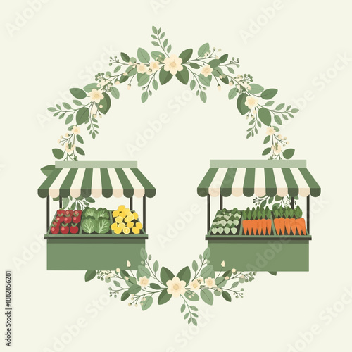 Fresh Produce Market Displayed Within a Botanical Wreath Promoting Healthy Eating Choices
