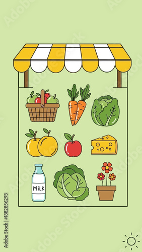 Fresh Produce Market Illustration Featuring Vegetables, Fruits, Dairy, and Vibrant Floral Elements