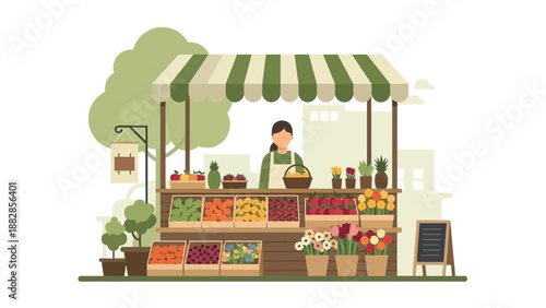 Fresh Produce Market Stall Illustration Featuring Flowers, Fruits and Vegetables in Flat Style