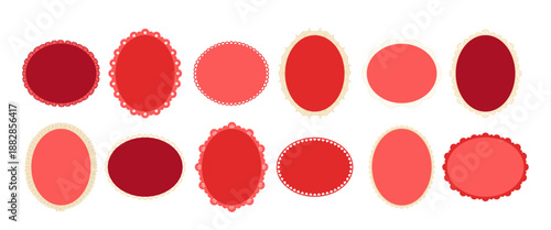 Elegant decorative collection of red oval lace frames, ornate doily borders vintage filigree design