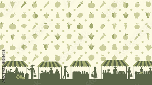 Fresh Produce Market Stalls with Silhouettes Against a Repeating Food Pattern