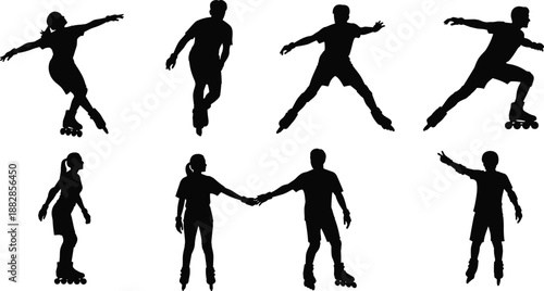 Roller skating silhouette set with men and women performing tricks and poses, inline skate athletes collection, black sport figures isolated on white.