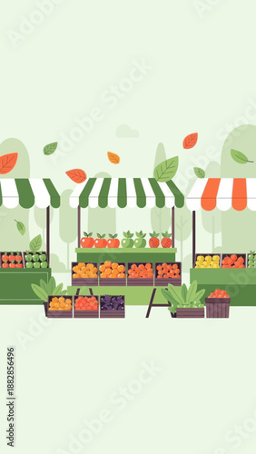 Fresh Produce Market: Vibrant Stalls Displaying Colorful Fruits and Vegetables in Natural Setting