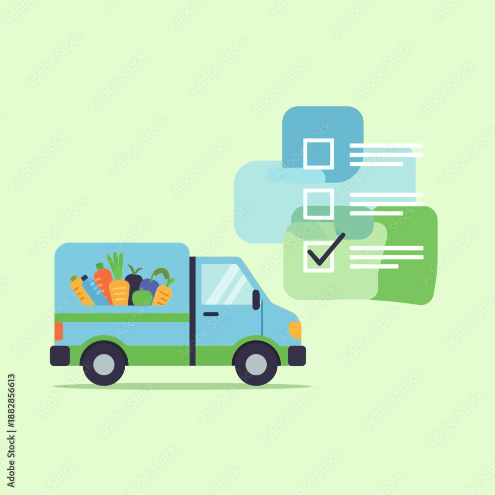 Fototapeta premium Fresh Produce Delivery Van Icon Alongside Checklist Illustration, Vector Illustration