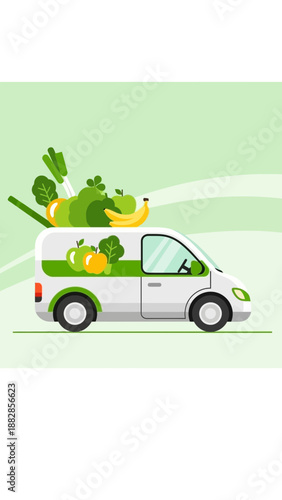 Fresh Produce Delivery Van Illustration Depicting Healthy Eating and Sustainable Practices