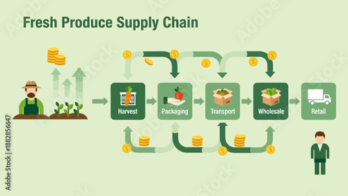 Fresh Produce Supply Chain Illustrated from Farm to Market in Graphic Diagram Form