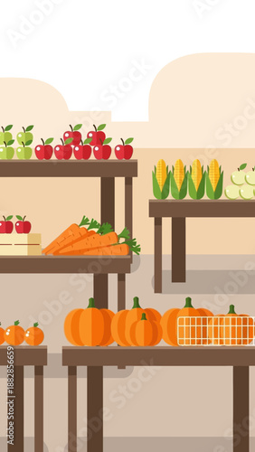 Fresh Produce Display: A Colorful Arrangement Of Apples, Corn, Carrots, And Pumpkins On Shelves