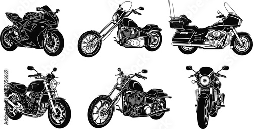 Detailed motorcycle silhouette set with sport bike, chopper, cruiser and touring models, black motorbike collection isolated on white for transport design.
