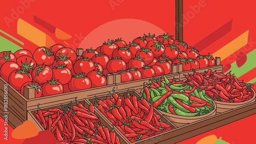 Fresh Produce Display: A Colorful Array of Tomatoes, Peppers, and Chili Peppers