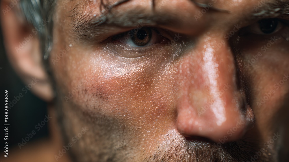 Obraz premium Closeup of a man sweating after intense physical activity, showing effort and determination. Fitness and sports concept.