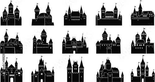 Medieval castle silhouette collection with towers and flags, fantasy fortress icons set, black architecture shapes isolated on white for design, game and logo.
