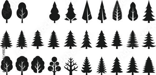 Tree silhouette set with pine, fir and deciduous shapes, black vector forest icons collection for nature design, landscape illustration, logo, and eco concepts.