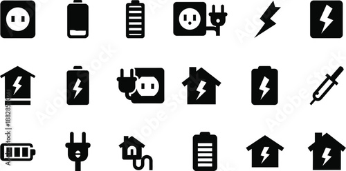 Silhouette vector icons of electricity and power symbols