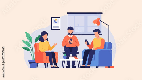 People gathered in a modern living room, each absorbed in their phones