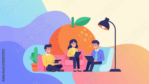 People gathered in a stylized room with a giant fruit and lamp
