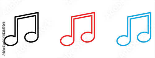 Collection of minimalist outline music note icons in black, red, and blue vector illustration.