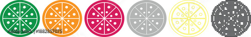 Colorful pizza icons in different styles and colors on white background
