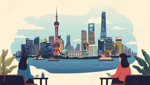 People gaze at a city skyline from a cafe with plants