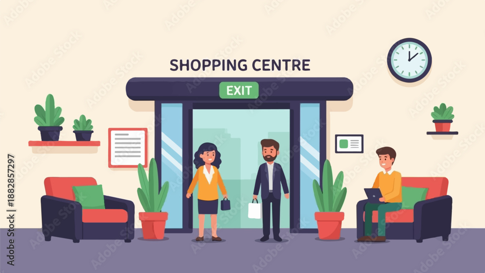 Obraz premium Modern shopping center entrance with people, plants, chairs, and clock