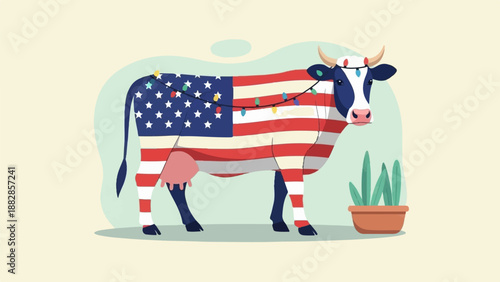 Patriotic cow adorned with string lights and flag pattern