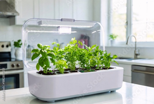 Smart home hydroponics with transparent cover installed on kitchen countertops