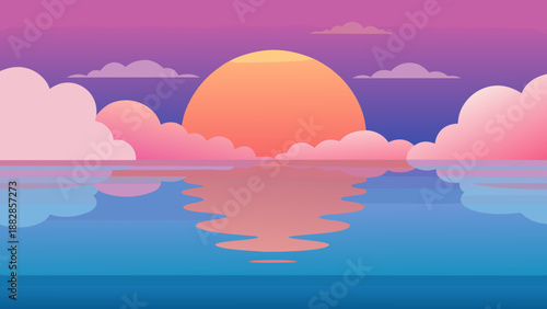 Dreamy Vector Sunset with Clouds Reflected on Ocean